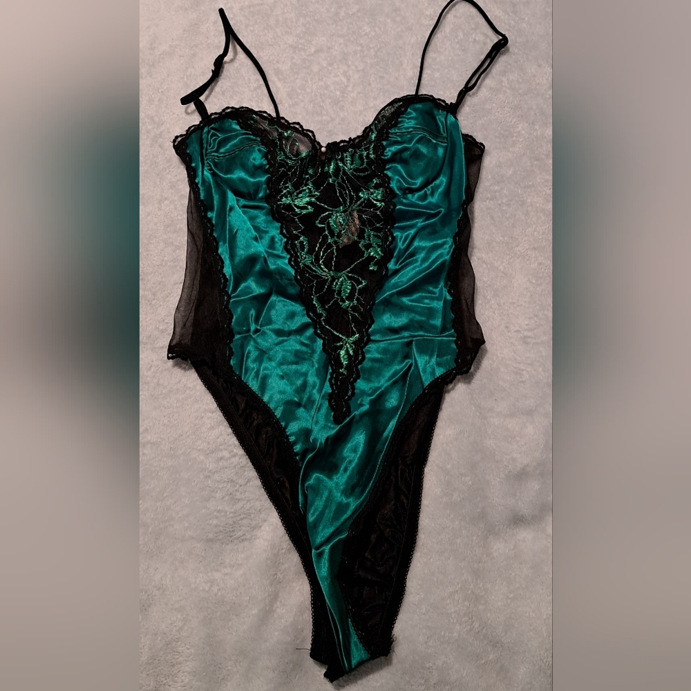 Nan Flower Satin Teal and Black Lace Chemise